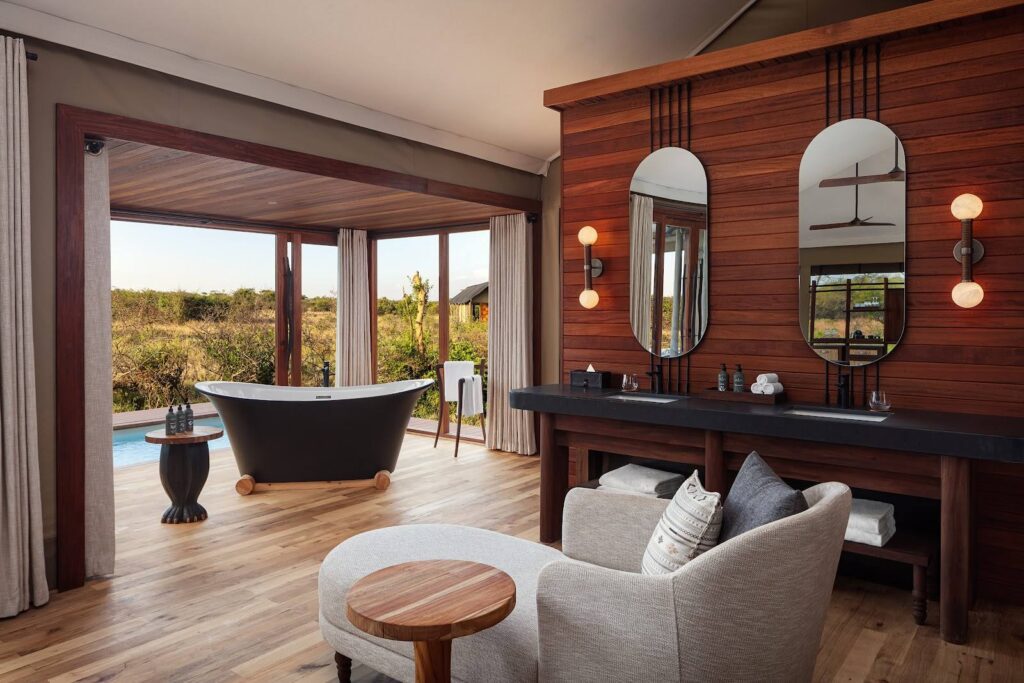 Freestanding bath in a tented suite at JW Marriott Mount Kenya Rhino Reserve Safari Camp