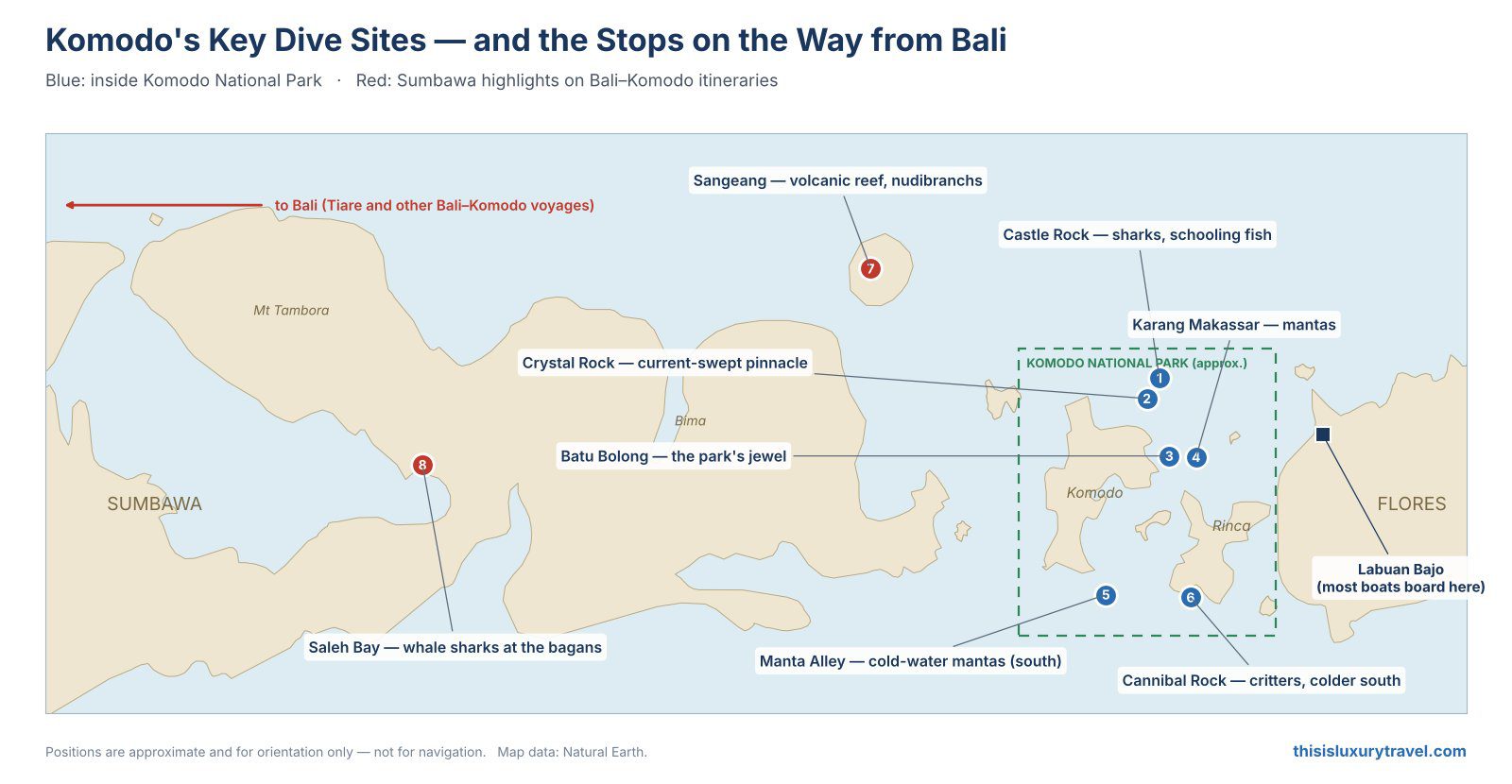 Map of Komodo National Park dive sites including Batu Bolong, Castle Rock, Crystal Rock, Karang Makassar, Manta Alley and Cannibal Rock, plus Sangeang and Saleh Bay in Sumbawa