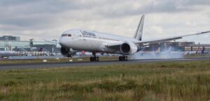 Lufthansa Boeing 787-9 Dreamliner fitted with the Allegris cabin touching down at Frankfurt Airport, the aircraft type for the Columbus and Tokyo Narita routes