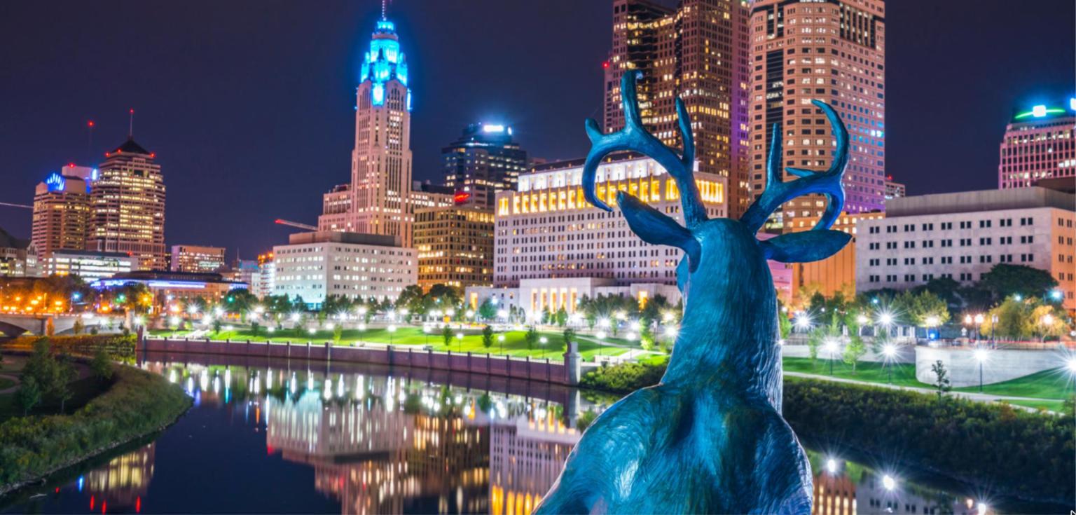 Columbus, Ohio skyline at night across the Scioto River, the city Lufthansa will serve nonstop from Frankfurt from 5 May 2027
