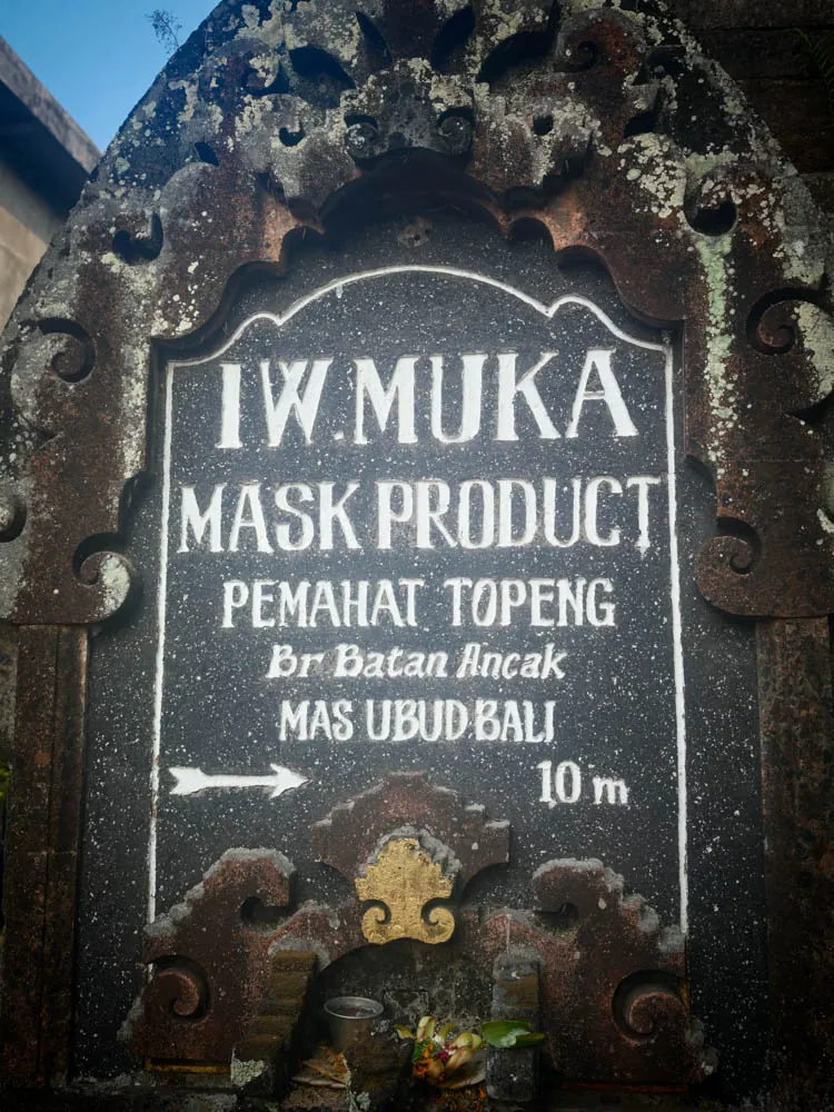 Carved stone sign for a mask maker's studio in Mas, Ubud, Bali