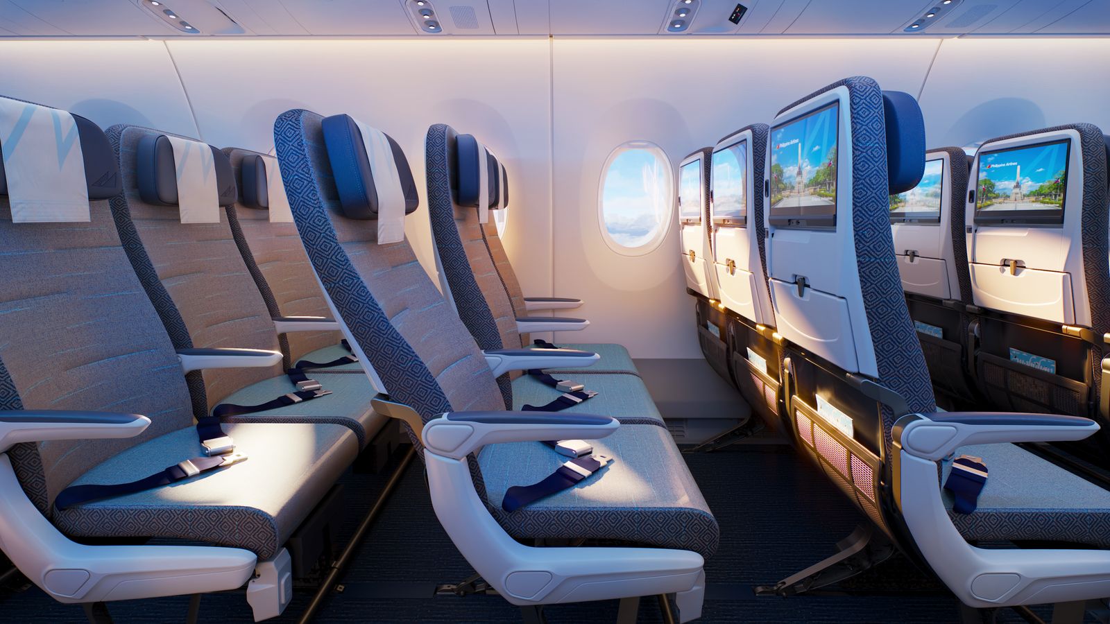 Rendering of the Economy cabin on the Philippine Airlines A350-1000 with seatback screens