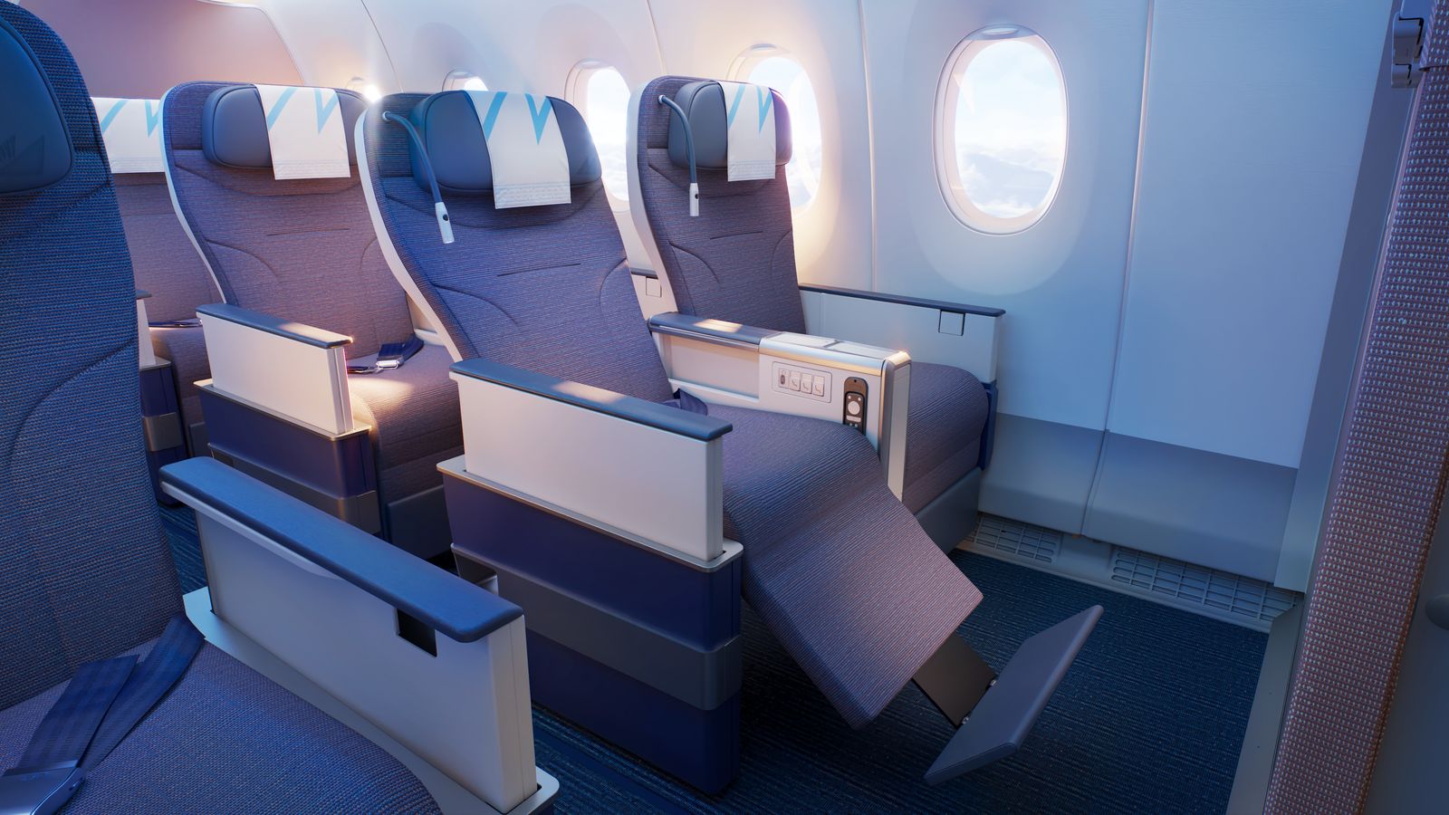 Rendering of Premium Economy recliners with leg rests on the Philippine Airlines A350-1000