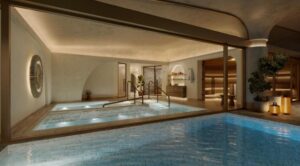 Rendering of the indoor spa pool at The Ritz-Carlton, AMAALA beneath an arched ceiling