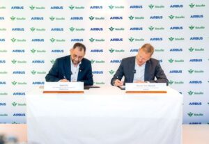 Saudia and Airbus executives signing at the Toulouse handover of the first Saudia A321XLR, the aircraft that introduced Saudia A321XLR business class