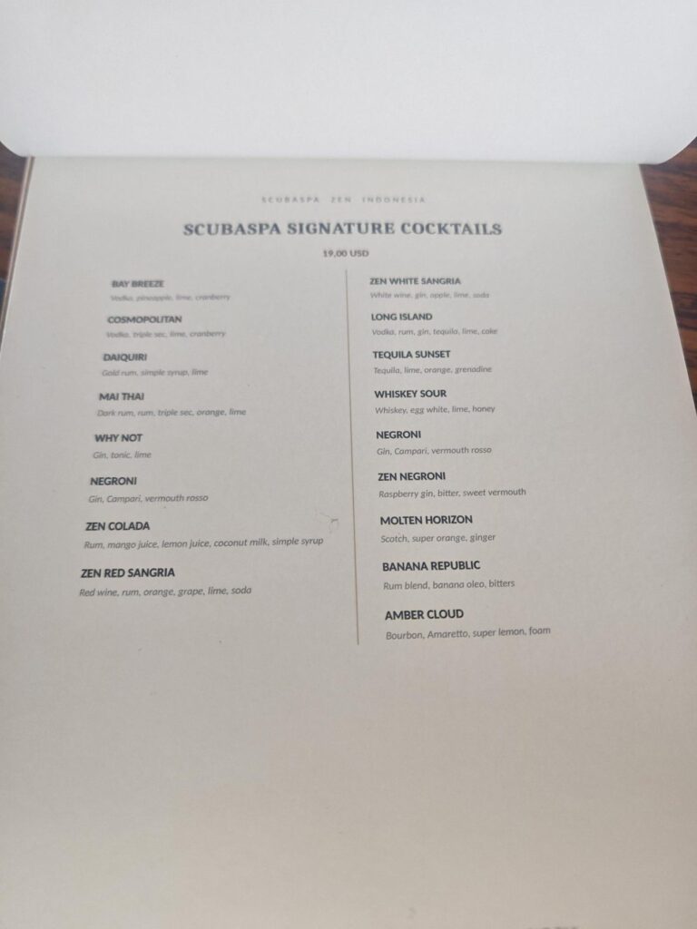 Scubaspa Zen signature cocktail menu, October 2026