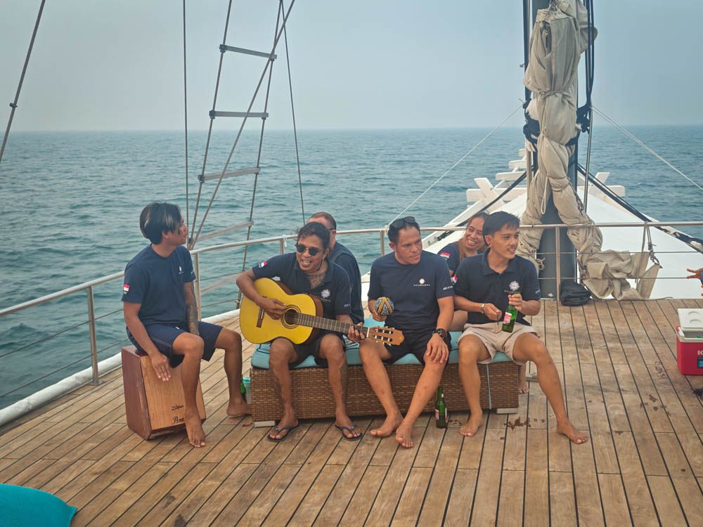 The Scubaspa Zen crew band playing on deck on the last evening