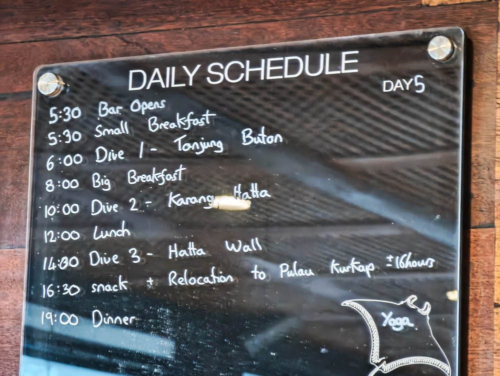Scubaspa Zen daily schedule board for day 5: Tanjung Buton, Karang Hatta, Hatta Wall and the 18-hour relocation to Pulau Kurkap