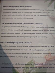 Scubaspa Zen New Me Program spa menu, days 7 to 9