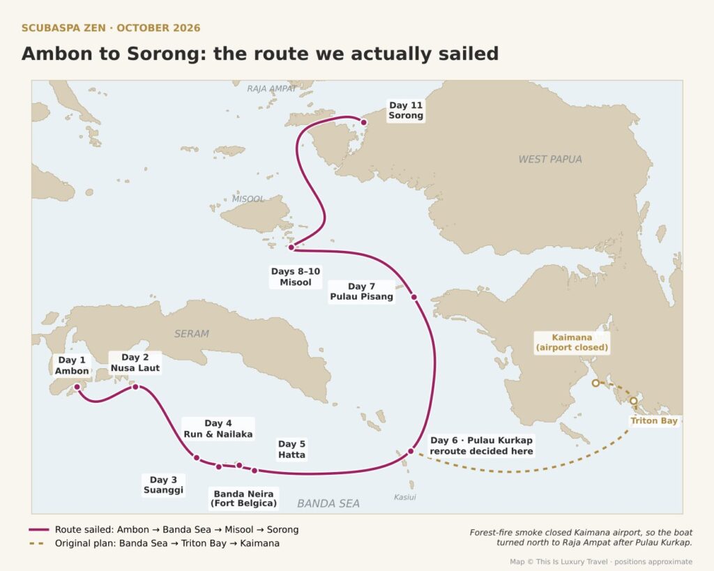 Map of the Scubaspa Zen October 2026 route: Ambon to Sorong via the Banda Sea and Misool, with the original plan to Kaimana via Triton Bay shown dotted