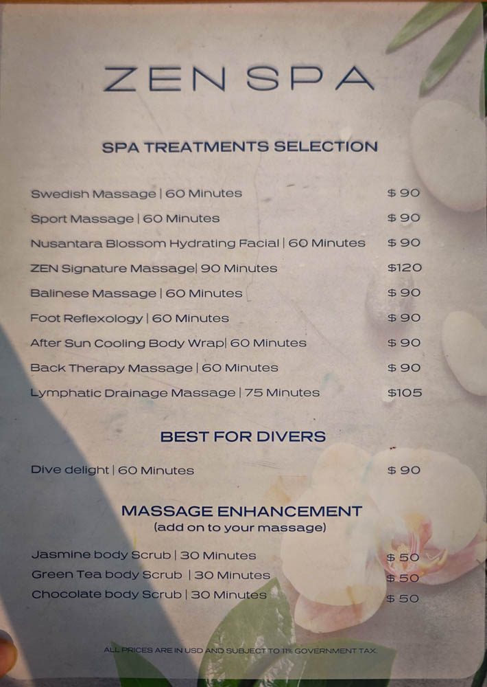 Zen Spa treatment menu and prices, October 2026