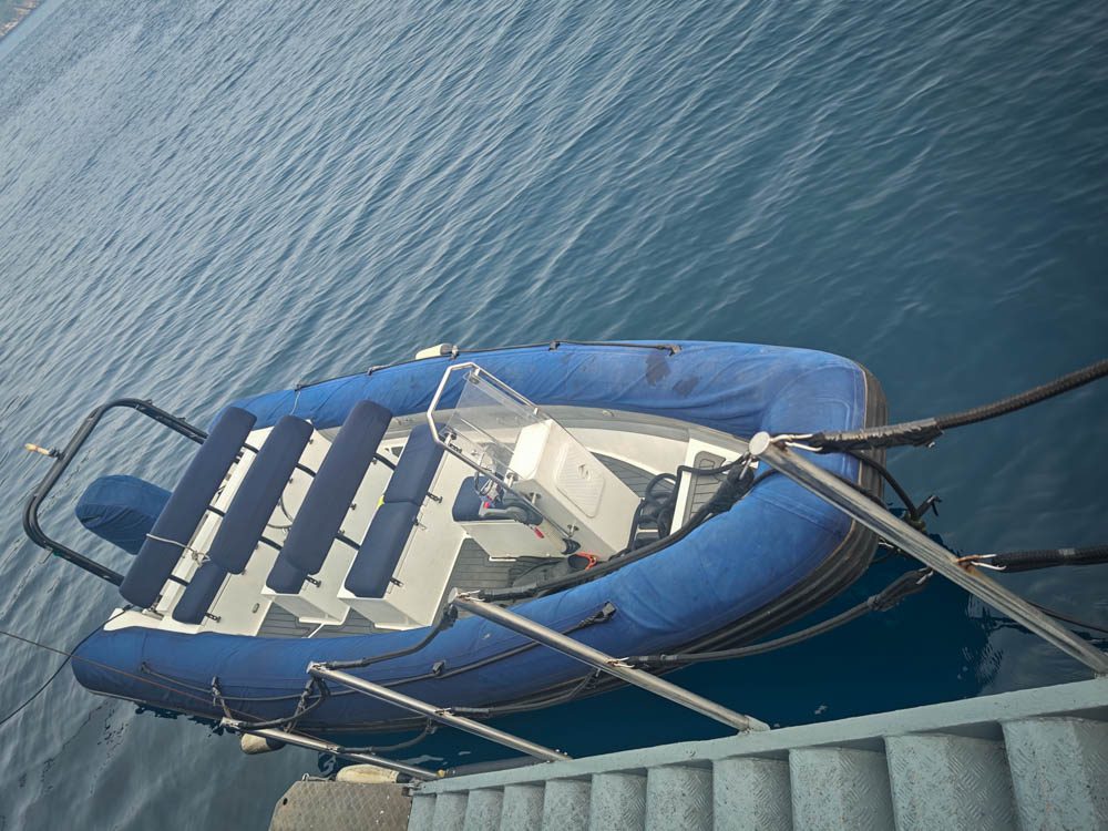 Scubaspa Zen tender moored at the stern steps