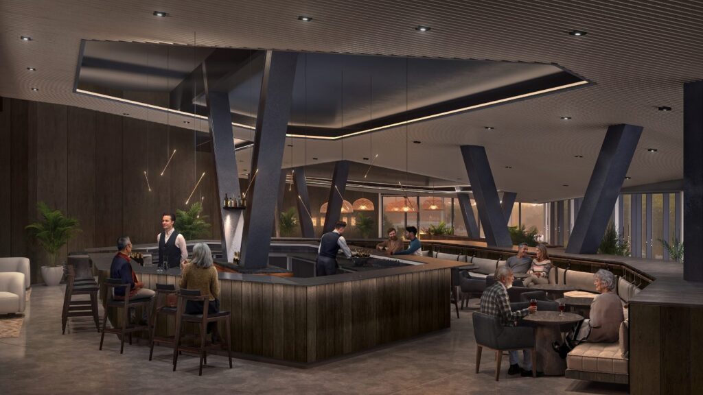 Rendering of Bar Sur at The Cormorant at 55 South, with a central bar, timber ceiling beams and windows onto the forest