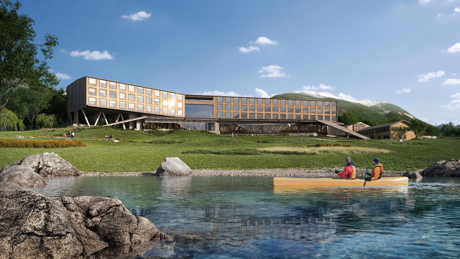 Rendering of The Cormorant at 55 South hotel on the shore of the Beagle Channel in Puerto Williams, with kayakers on the water