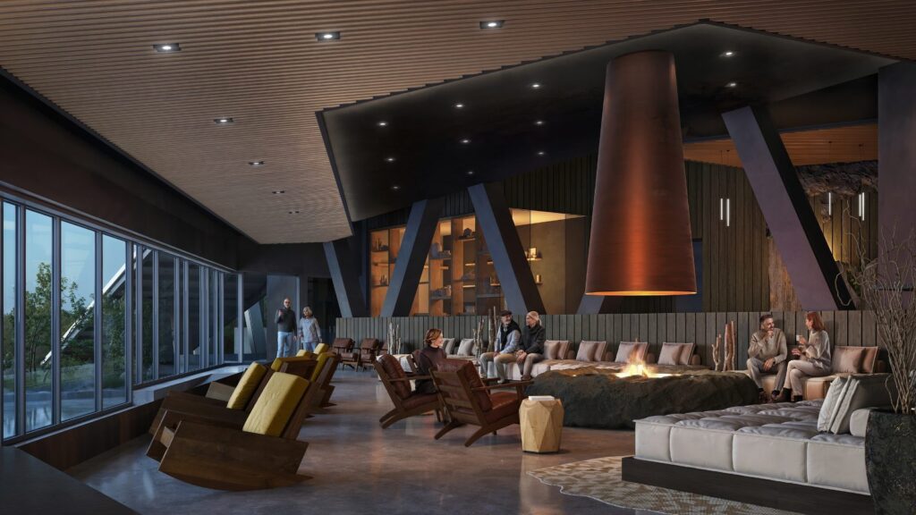 Rendering of the Fireplace Lounge at The Cormorant at 55 South, with a suspended fireplace and armchairs facing tall windows