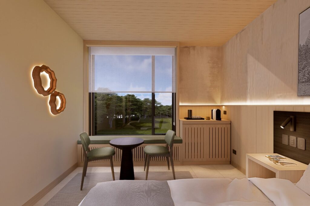 Rendering of a guest room at The Cormorant at 55 South, with warm wood finishes, a small table and a large window onto the trees
