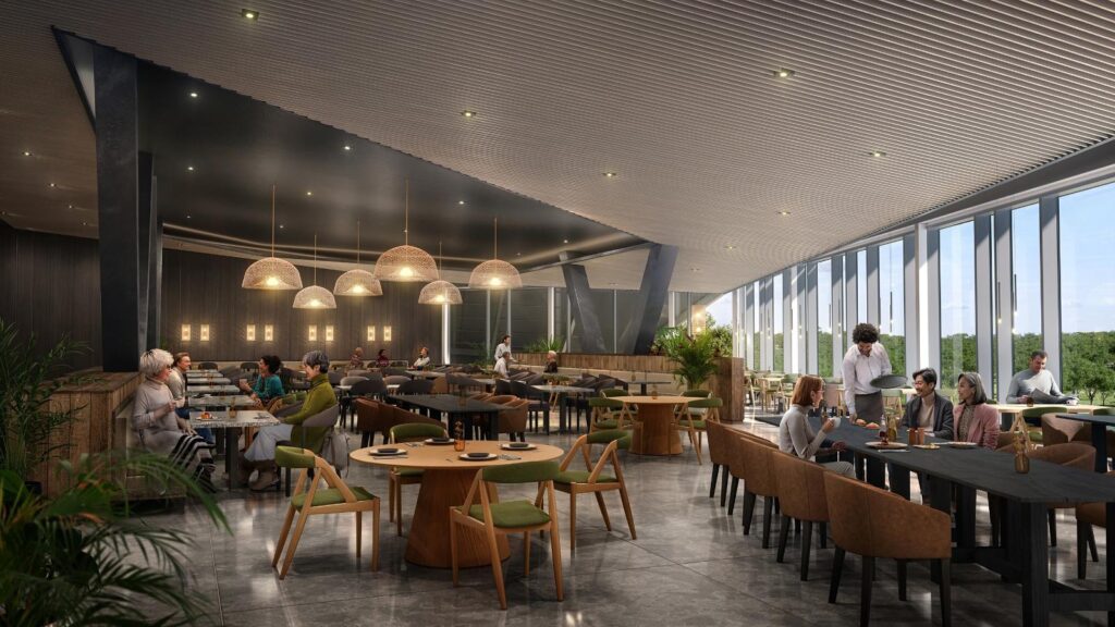 Rendering of Latitude 55 restaurant at The Cormorant at 55 South, with wooden tables, plants and floor-to-ceiling windows