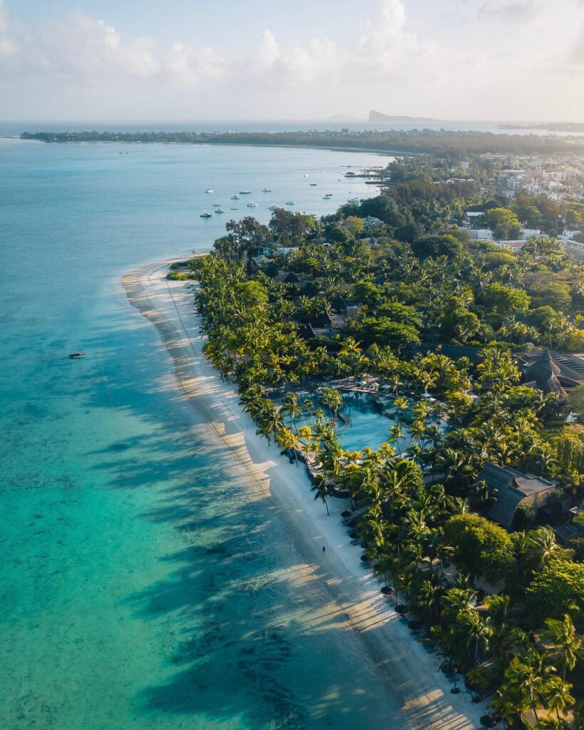 Aerial view of the lagoon and beach at Trou aux Biches, Mauritius