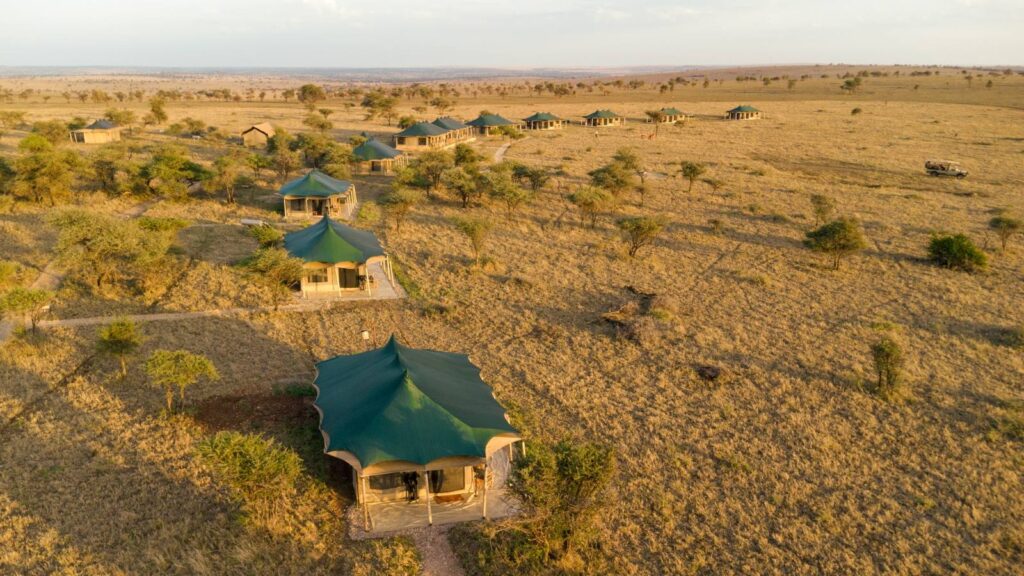 Aerial view of Wild Wakati Camp on the Serengeti plains