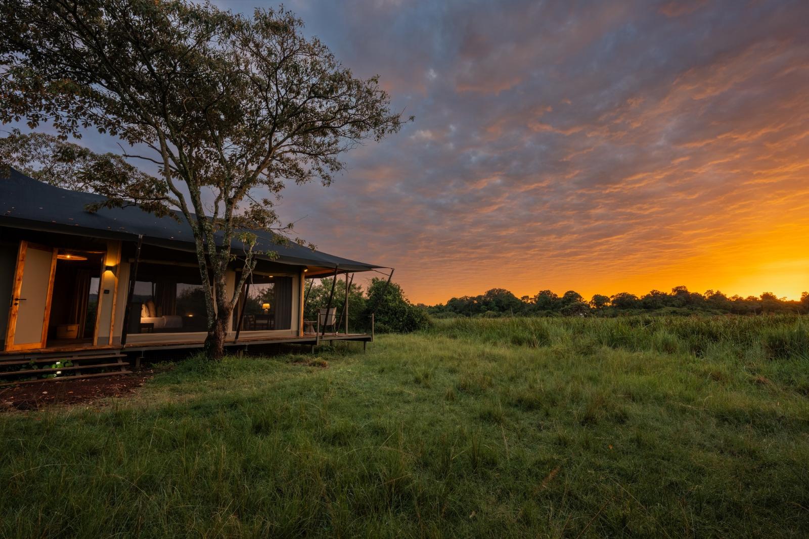 Tented suite at sunset at Wilderness Mara in the Mara Triangle, Kenya